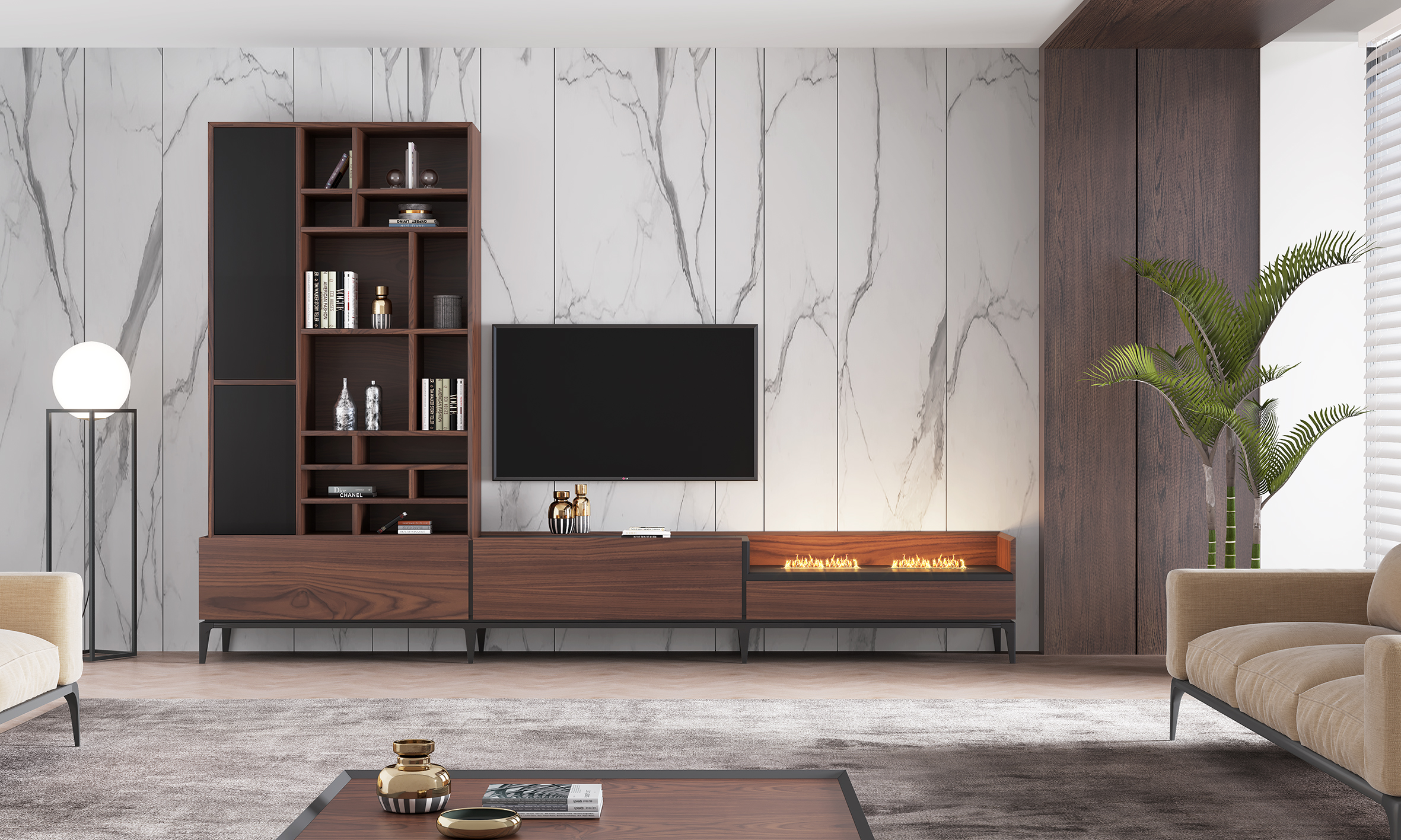 Mueble de TV con chimenea eléctrica y vitrina - Mobel2 International House